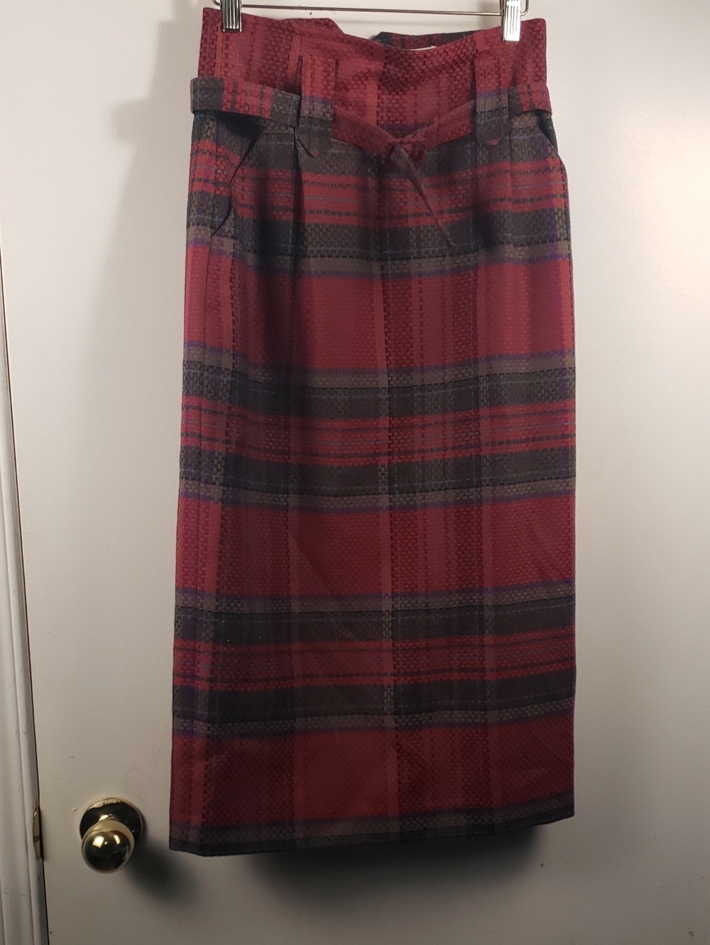 Vinatge Rouie Wool High-Waist Red Plaid Midi Skirt Size US 6